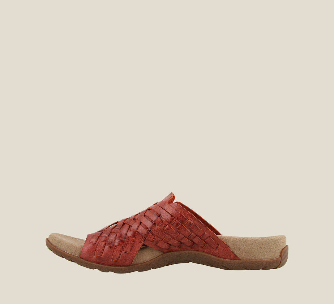Side image of Guru Red leather slip on thong sandal with rubber outsole - size 6