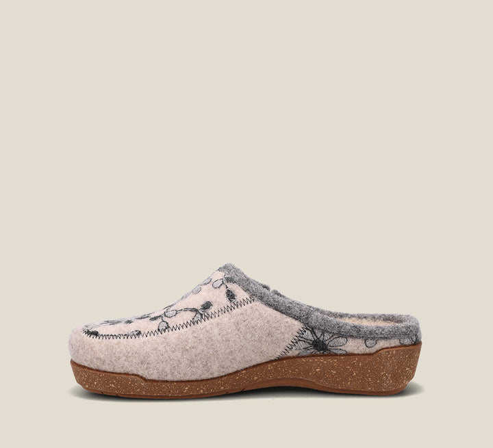 Instep of Woolderness 2 Stone Spanish Clogs with , V-gore at the topline for adjustibility, faux fur lining,removable footbed, &rubber outsole 36