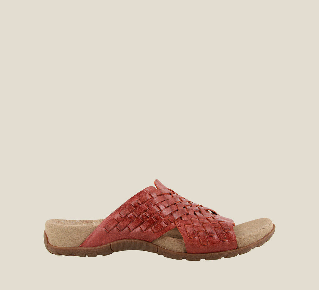 Instep image of Guru Red leather slip on thong sandal with rubber outsole - size 6