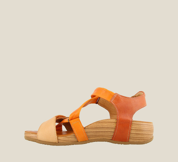 Inside angle of Multiverse Orange Multi adjustable leather sandal with two hook and loop straps cork footbed. - size 36