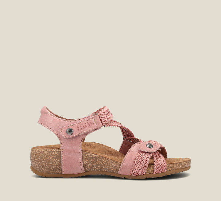 side Angle of Trulie Vintage Pink leather sandal with adjustable closure and rubber outsole