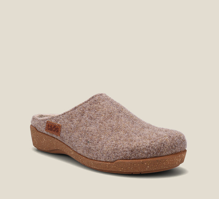 "Hero image of Woollery Warm Sand Two-tone wool slip on clog with cork detail, a footbed, & rubber outsole
 36"