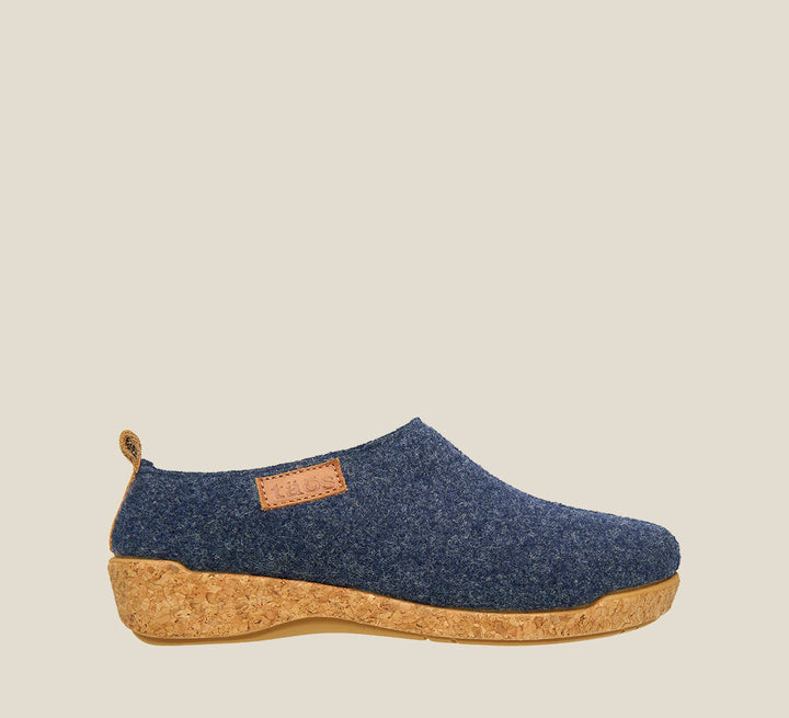 Outside angle of Wonderwool Navy Wool slip on with cork detail a supportive footbed and rubber outsole. - size 36