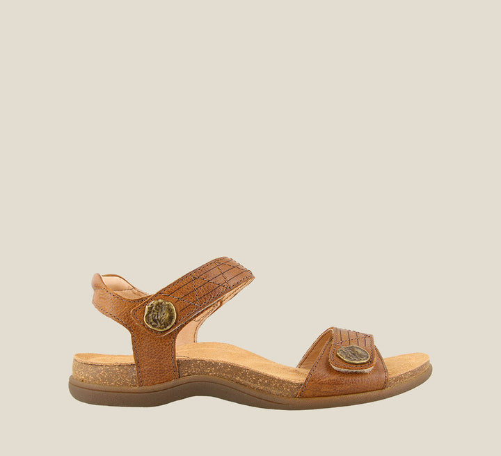 Outside angle of Pioneer Tan Sandal featuring two adjustable hook and loop straps detailed stitching and metal hardware. - size 6