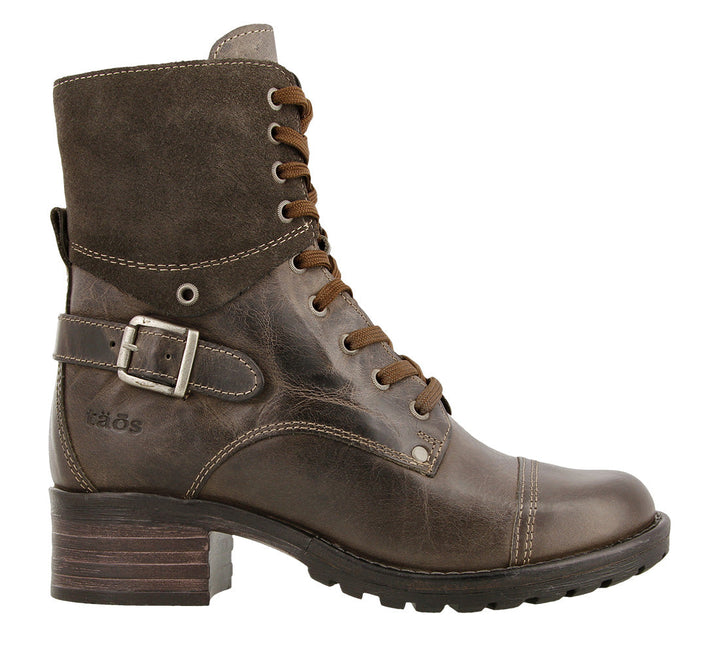 Outside angle of Crave Grey lace up combat boot with removable footbed and rubbe outsole - size 36