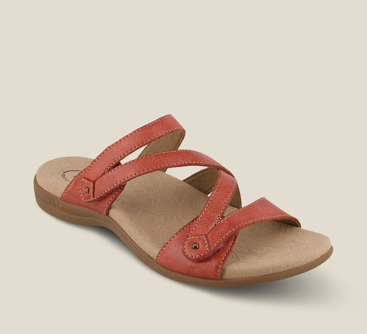 3/4 Angle of Double U Red Casual leather slide sandal with metal rivets hook and loop straps and a rubber outsole. - size 6