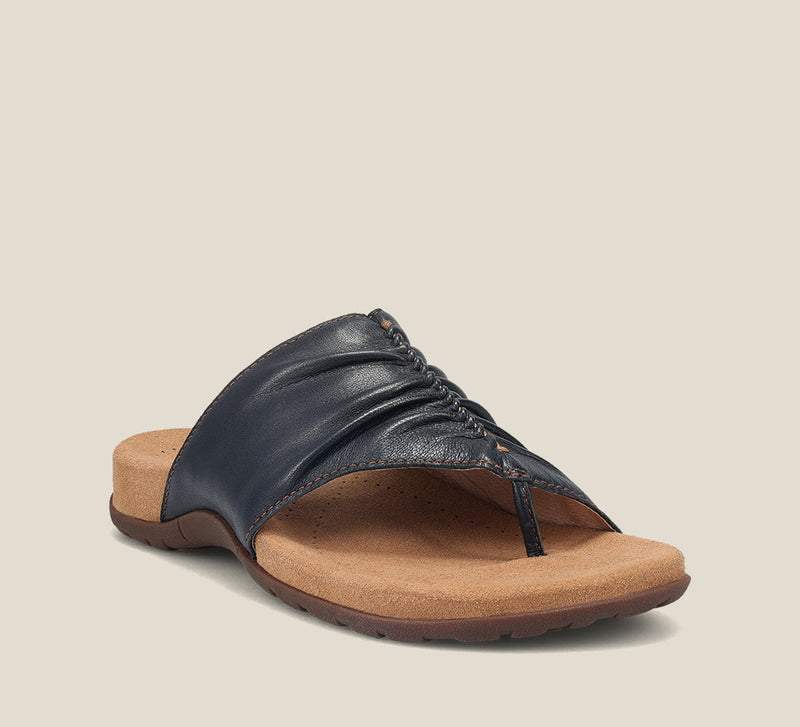 Hero Angle of Gift 2 Navy leather sandal with microfiber footbed and rubber outsole