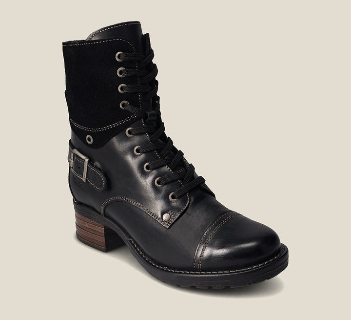 Hero image of Crave Black Leather & suede boot with buckle & an inside zipper lace-up adjustability. 36