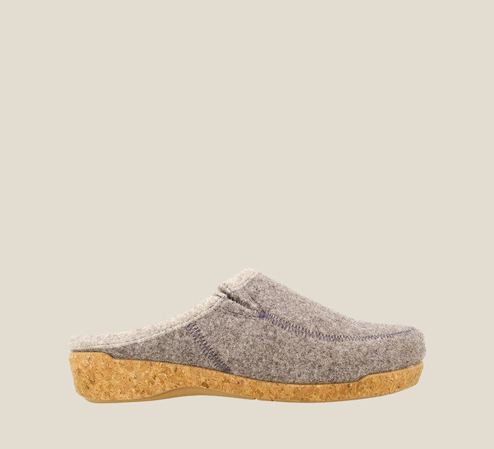 Outside angle of Wool Do Grey adjustable wool slip on clog with stitching - size 36