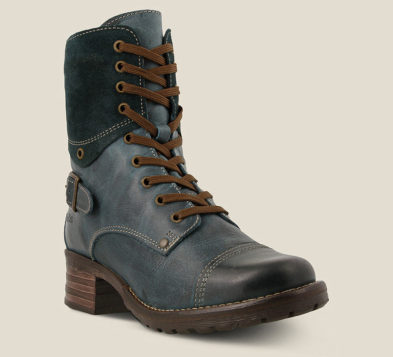 3/4 Angle of Crave Teal lace up combat boot with removable footbed and rubbe outsole - size 36