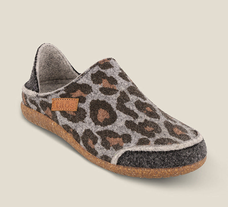 "Hero image of Convertawool Charcoal Leopard Wool Wool slip on with back, wool lined, featuring a removable footbed & TR outsole
 - size 36"