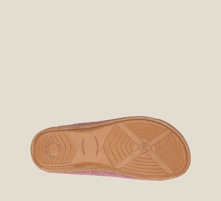 "Outsole Angle of Woollery Rose Two-tone wool slip on clog with cork detail, a footbed, & rubber outsole
 36"