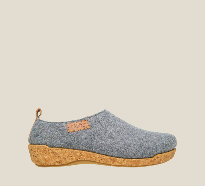 Outside angle of Wonderwool Grey Wool slip on with cork detail a supportive footbed and rubber outsole. - size 36