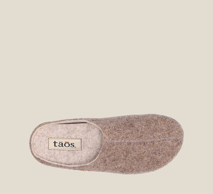 "Top down Angle of Woollery Warm Sand Two-tone wool slip on clog with cork detail, a footbed, & rubber outsole
 36"