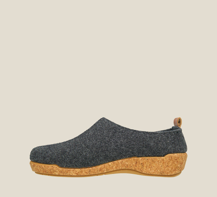 Inside angle of Wonderwool Charcoal Wool slip on with cork detail a supportive footbed and rubber outsole. - size 36