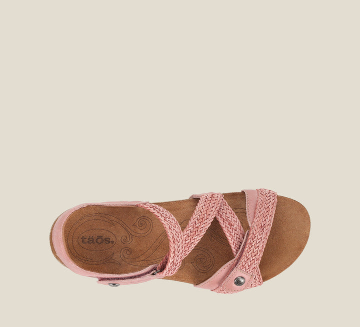 top Angle of Trulie Vintage Pink leather sandal with adjustable closure and rubber outsole