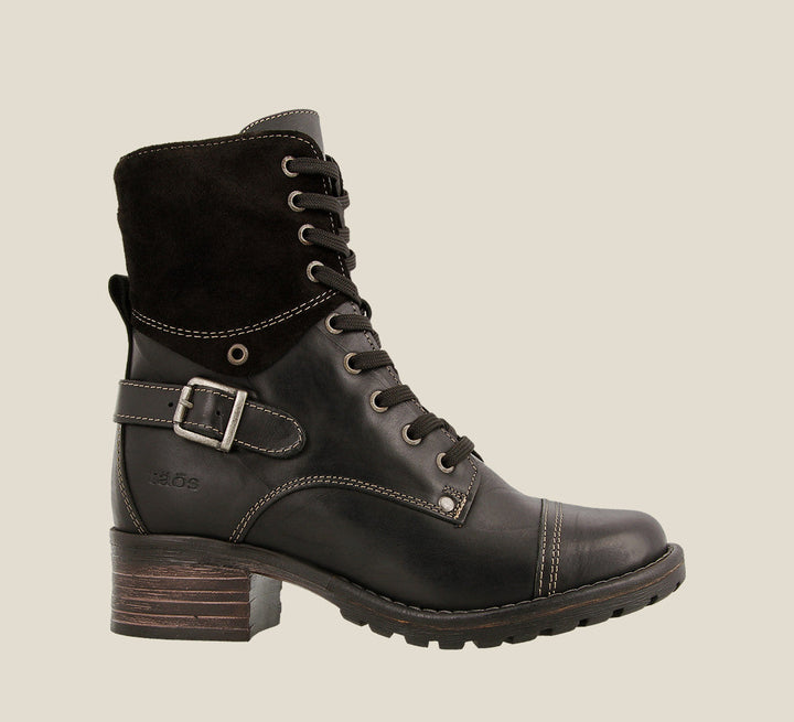 Outside Angle of Crave Black Leather & suede boot with buckle & an inside zipper lace-up adjustability. 36