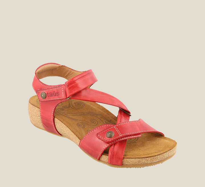 3/4 Angle of Universe Red adjustable leather sandal with two hook and loop straps lightweight cork footbed. Featuring hardware embellishments and a rubber outsole. - size 36