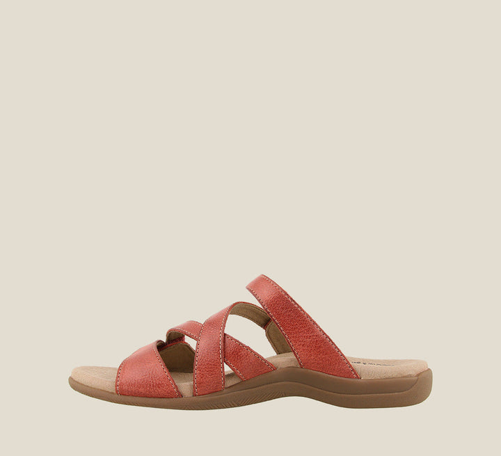 Inside angle of Double U Red Casual leather slide sandal with metal rivets hook and loop straps and a rubber outsole. - size 6