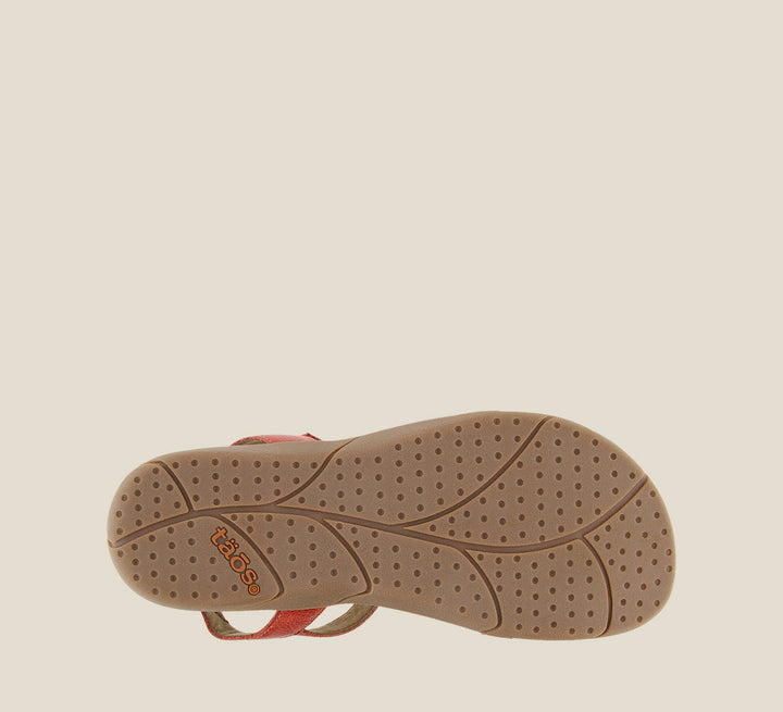 Outsole angle of Trophy 2 Red Sandal featuring a Taos Soft SupportÂ™Â™Â™ premium footbed with Cool Recovery Foam and stitching. - size 6