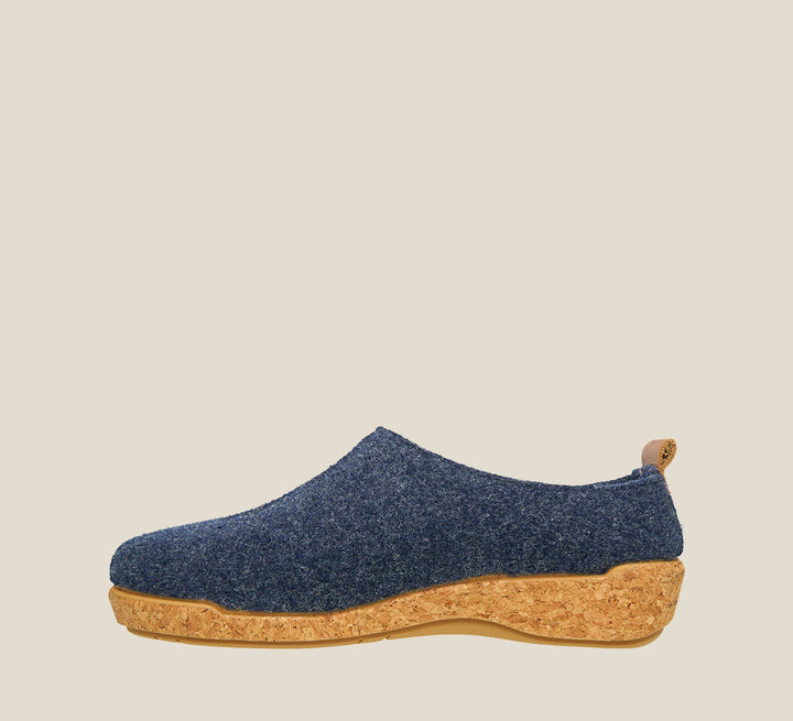 Inside angle of Wonderwool Navy Wool slip on with cork detail a supportive footbed and rubber outsole. - size 36