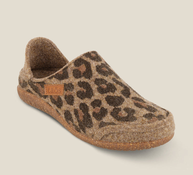 "Hero image of Convertawool Tan Leopard Wool Wool slip on with back, wool lined, featuring a removable footbed & TR outsole
 - size 36"