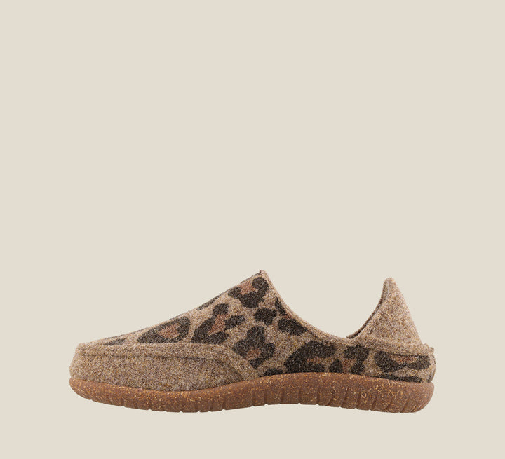 "Instep of Convertawool Tan Leopard Wool Wool slip on with back, wool lined, featuring a removable footbed & TR outsole
 - size 36"