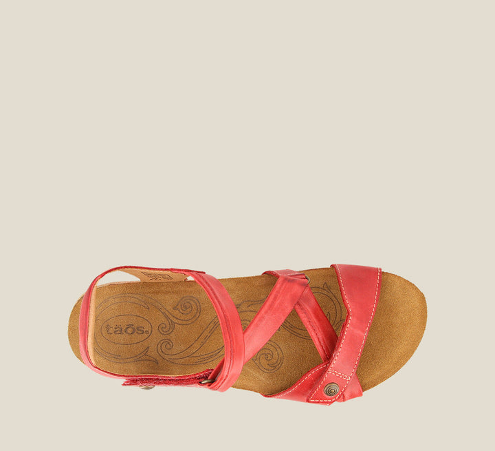 Top down angle of Universe Red adjustable leather sandal with two hook and loop straps lightweight cork footbed. Featuring hardware embellishments and a rubber outsole. - size 36