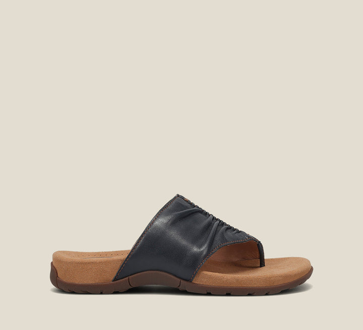 side Angle of Gift 2 Navy leather sandal with microfiber footbed and rubber outsole