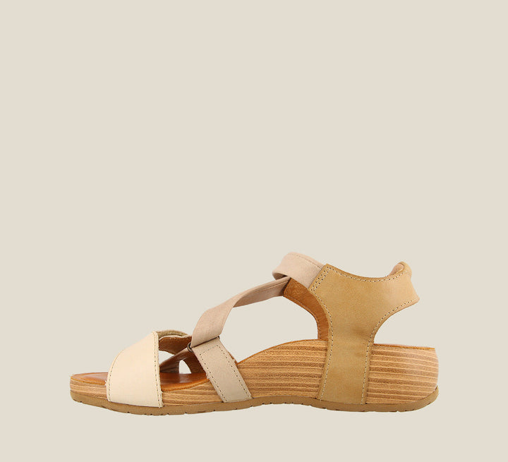 Inside angle of Multiverse Beige Multi adjustable leather sandal with two hook and loop straps cork footbed. - size 36