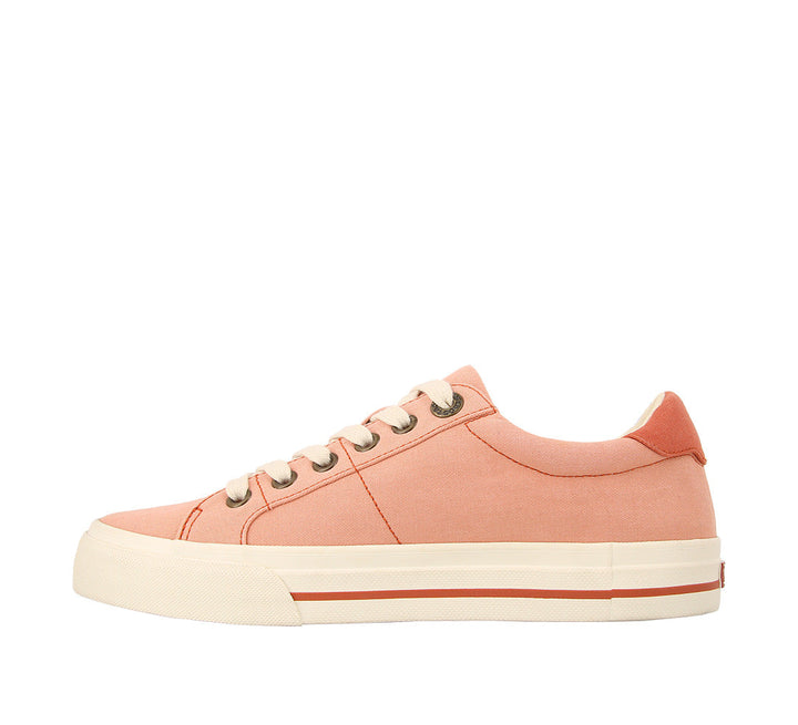 Inside angle of Z Soul Cantaloupe/Brick Distressed Canvas lace up sneaker featuring an outside zipper Curves & Pods removable footbed with Soft Support and rubber outsole. - size 6