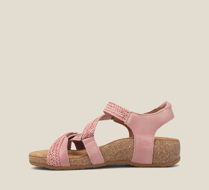 side Angle of Trulie Vintage Pink leather sandal with adjustable closure and rubber outsole