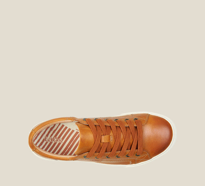 Top down Angle of Plim Soul Lux Golden Tan Leather leather sneaker featuring a polyurethane removable footbed with rubber outsole 6