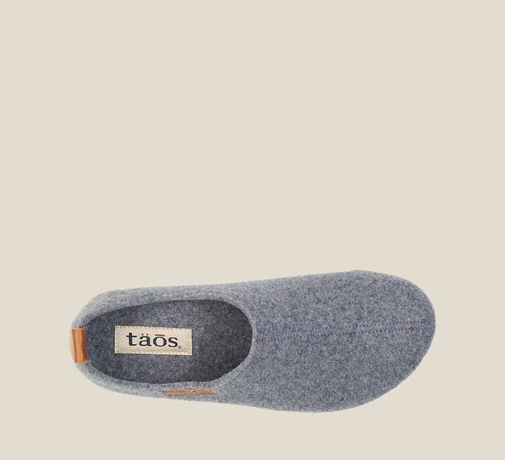 Top down angle of Wonderwool Grey Wool slip on with cork detail a supportive footbed and rubber outsole. - size 36