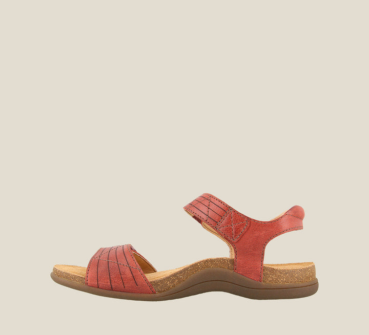 Inside angle of Pioneer Red Sandal featuring two adjustable hook and loop straps detailed stitching and metal hardware. - size 6