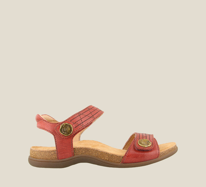 Outside angle of Pioneer Red Sandal featuring two adjustable hook and loop straps detailed stitching and metal hardware. - size 6