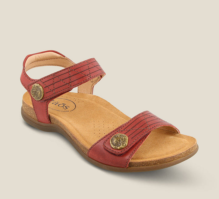 3/4 Angle of Pioneer Red Sandal featuring two adjustable hook and loop straps detailed stitching and metal hardware. - size 6