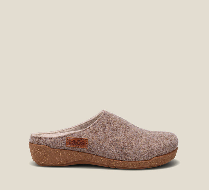 "Outside Angle of Woollery Warm Sand Two-tone wool slip on clog with cork detail, a footbed, & rubber outsole
 36"