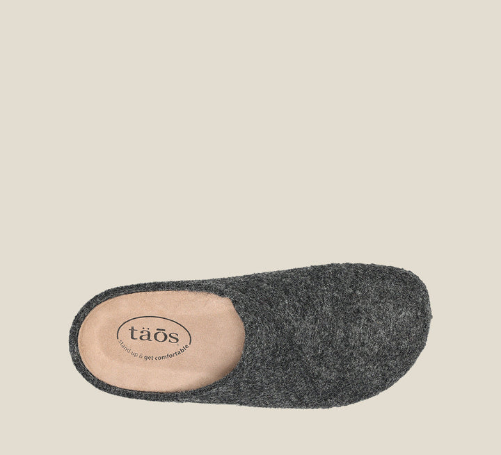 "Top image of Wooled Class Charcoal clog with featuring a removable footbed with arch & metatarsal support, & TR outsole."