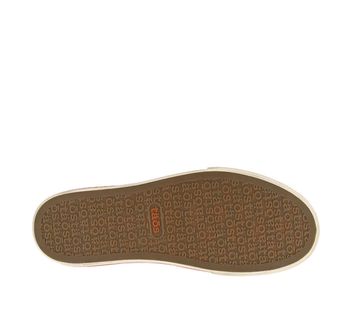 Outsole angle of Z Soul Cantaloupe/Brick Distressed Canvas lace up sneaker featuring an outside zipper Curves & Pods removable footbed with Soft Support and rubber outsole. - size 6