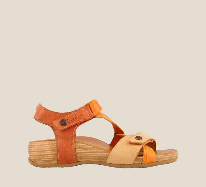 Outside angle of Multiverse Orange Multi adjustable leather sandal with two hook and loop straps cork footbed. - size 36