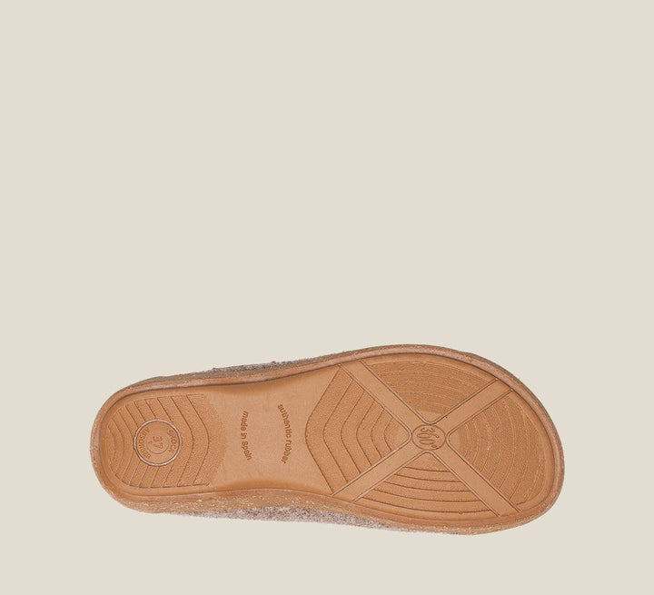 "Outsole Angle of Woollery Warm Sand Two-tone wool slip on clog with cork detail, a footbed, & rubber outsole
 36"