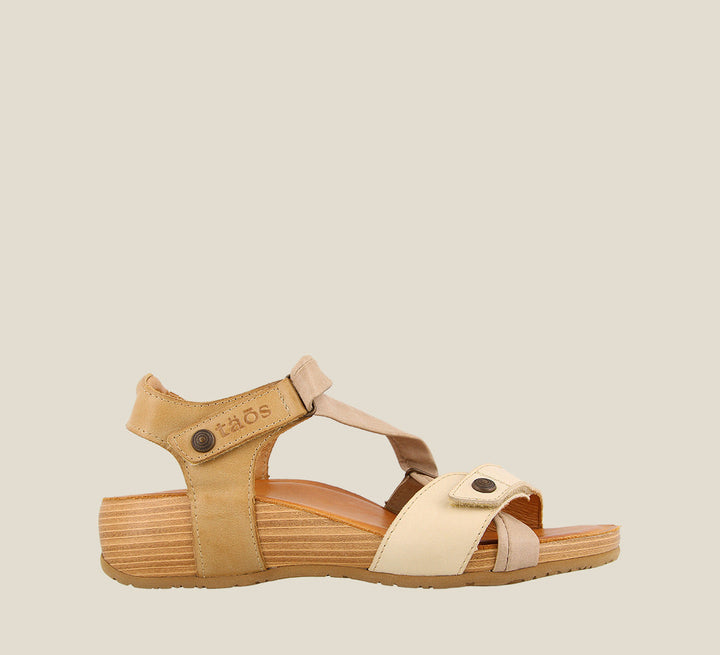 Outside angle of Multiverse Beige Multi adjustable leather sandal with two hook and loop straps cork footbed. - size 36