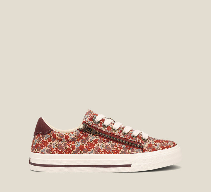 "Side image of Z Soul Fall Floral Multi Canvas lace up sneaker featuring an outside zipper, Curves & PodsÂ® polyurethane removable footbed with Soft Supportâ„¢, and durable, flexible rubber outsole."