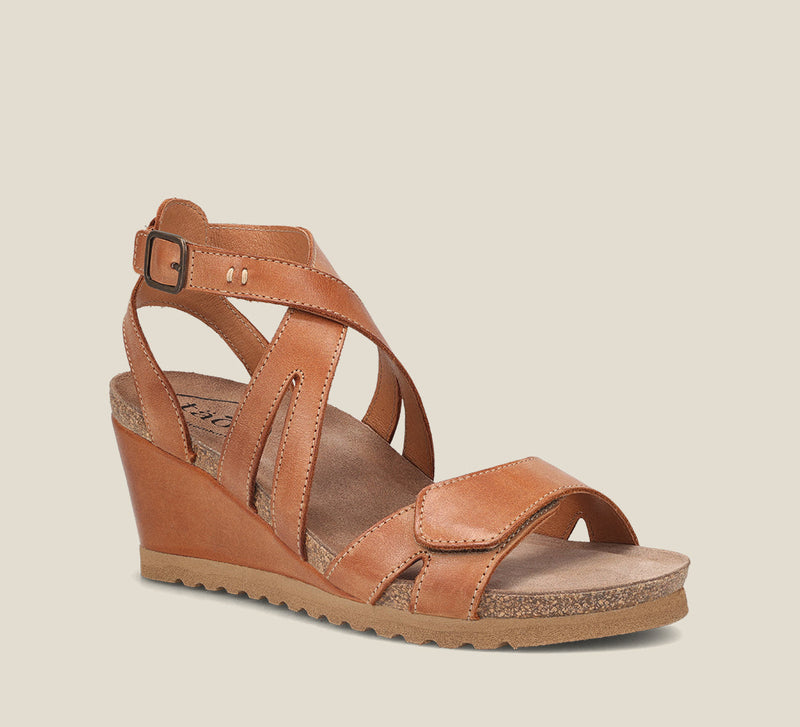 Hero Angle of Xcellent Caramel leather wedge featuring exceptional arch & metatarsal support with a rubber outsole