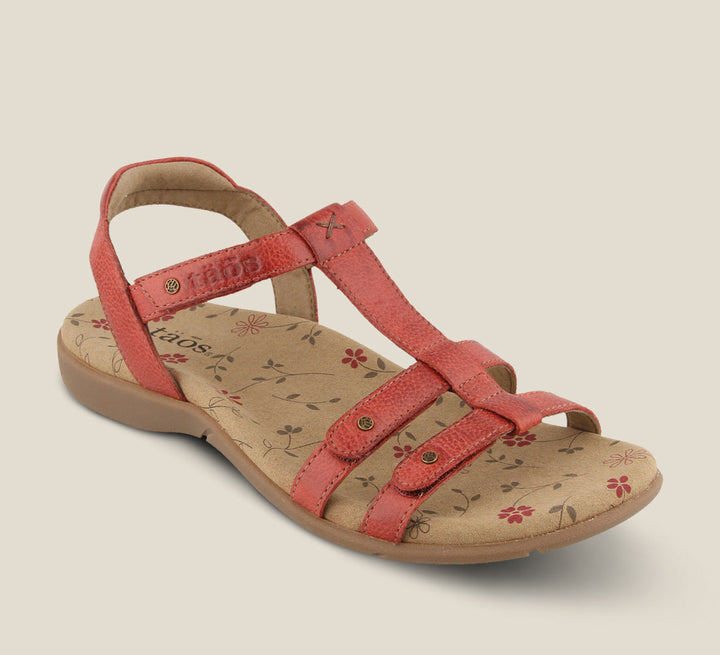 3/4 Angle of Trophy 2 Red Sandal featuring a Taos Soft SupportÂ™Â™Â™ premium footbed with Cool Recovery Foam and stitching. - size 6