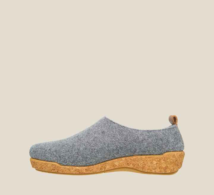 Inside angle of Wonderwool Grey Wool slip on with cork detail a supportive footbed and rubber outsole. - size 36