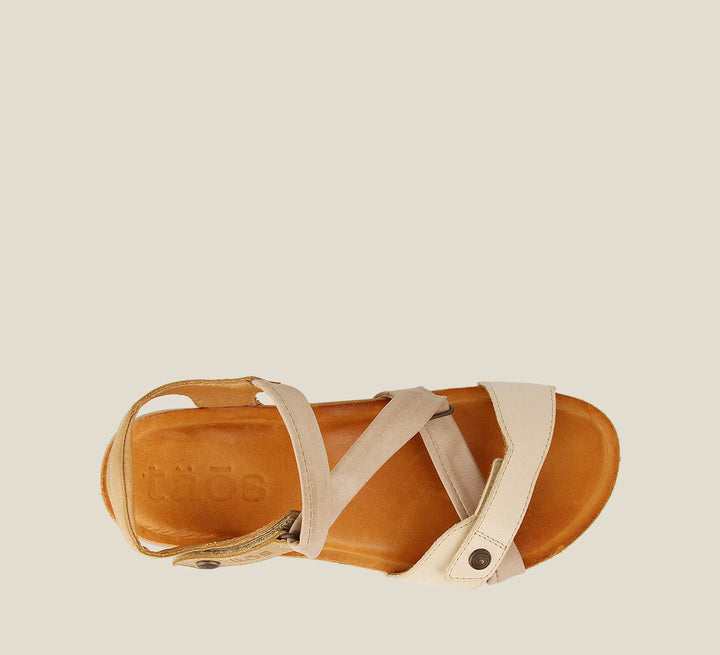 Top down angle of Multiverse Beige Multi adjustable leather sandal with two hook and loop straps cork footbed. - size 36