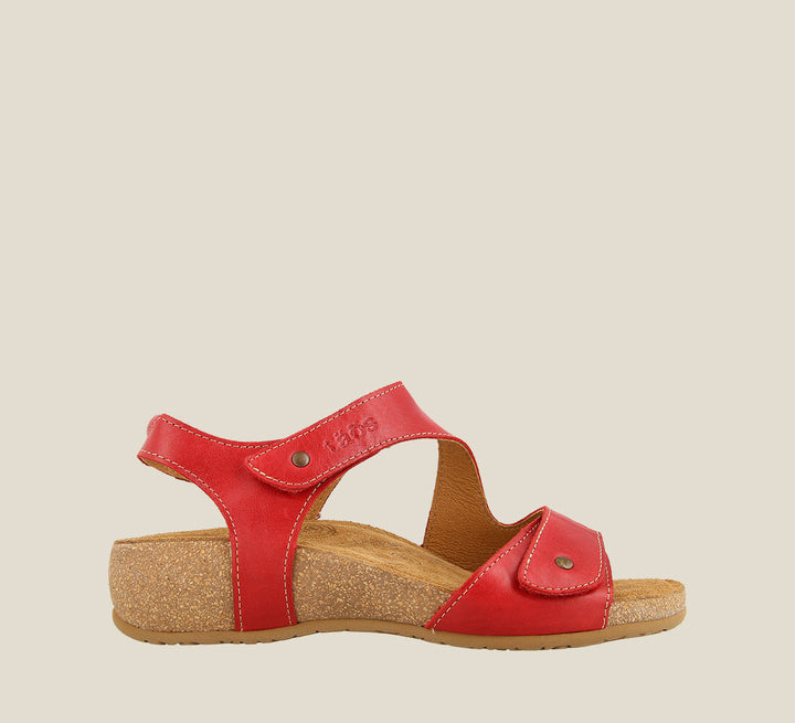 Outside angle of Lovely Red adjustable leather sandal with two hook and loop straps lightweight cork footbed. Featuring hardware embellishments and a rubber outsole. - size 36