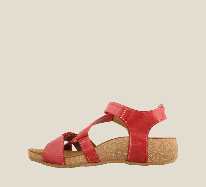 Inside angle of Universe Red adjustable leather sandal with two hook and loop straps lightweight cork footbed. Featuring hardware embellishments and a rubber outsole. - size 36